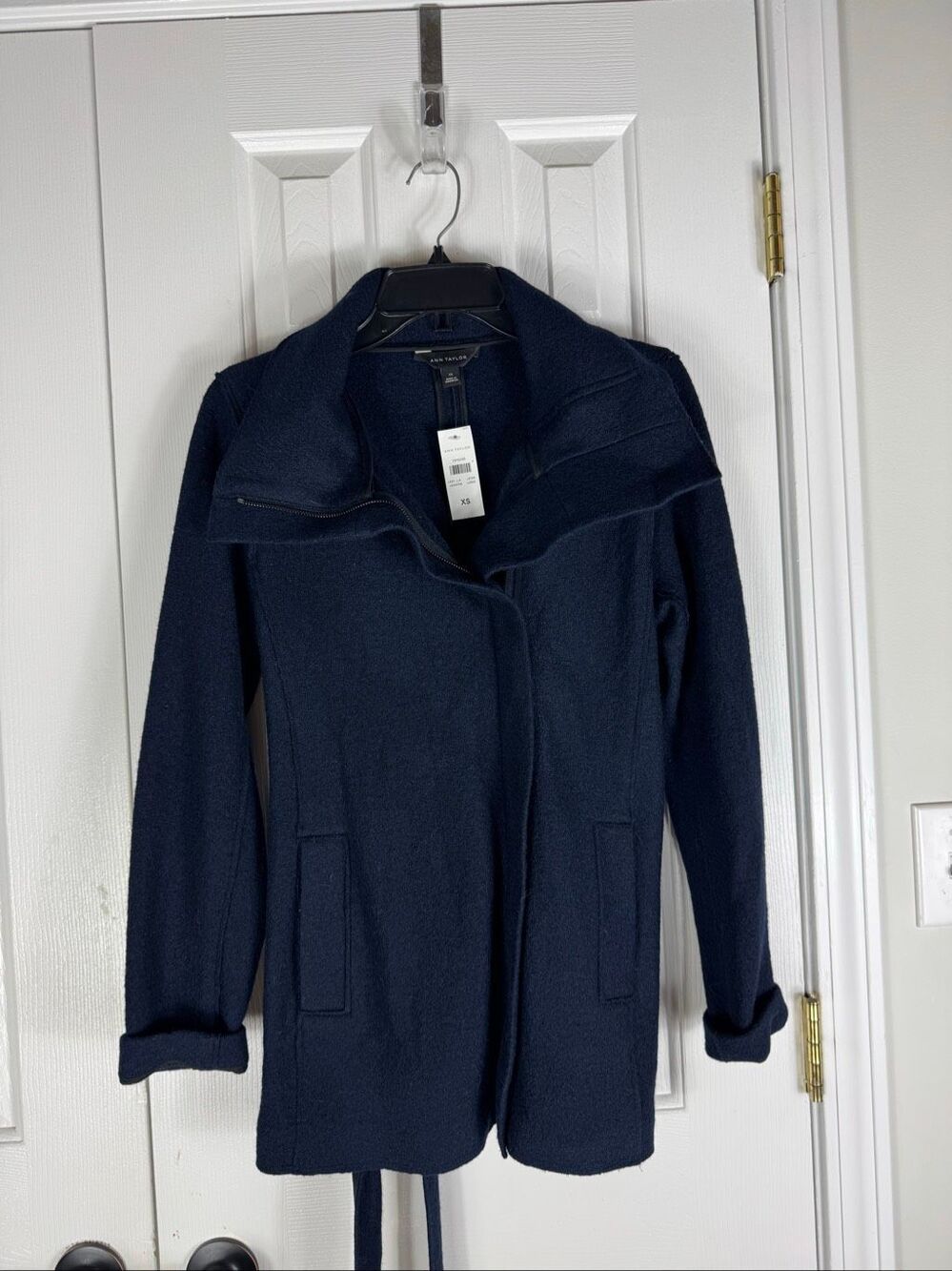 NWT Ann Taylor Womens Boucle Navy Fleece Coat Jacket Size XS